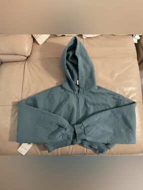 Aritzia Cropped Sweatfleece Zip Hoodie in Muted Teal
